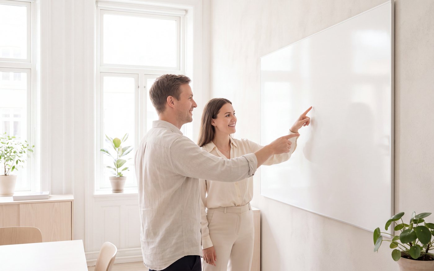 Two colleagues at a whiteboard in a bright office, discussing a plan.