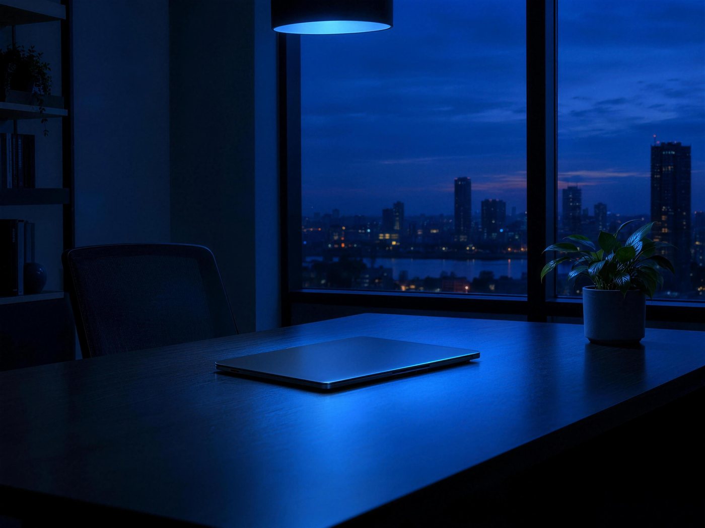 A clean desk with a closed laptop in a bright room.