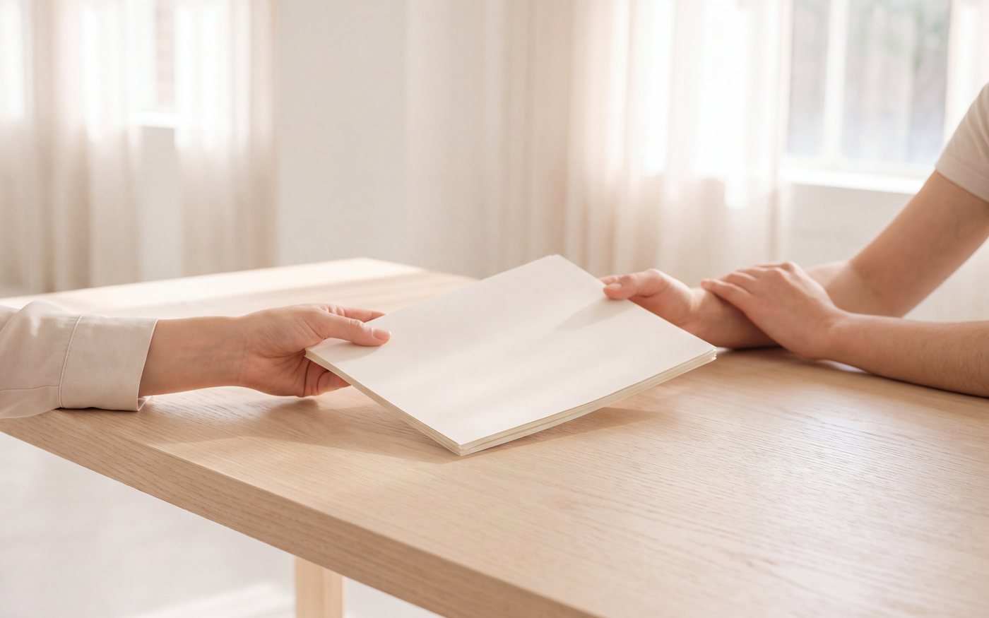 A printed report handed across a meeting table in a bright room.