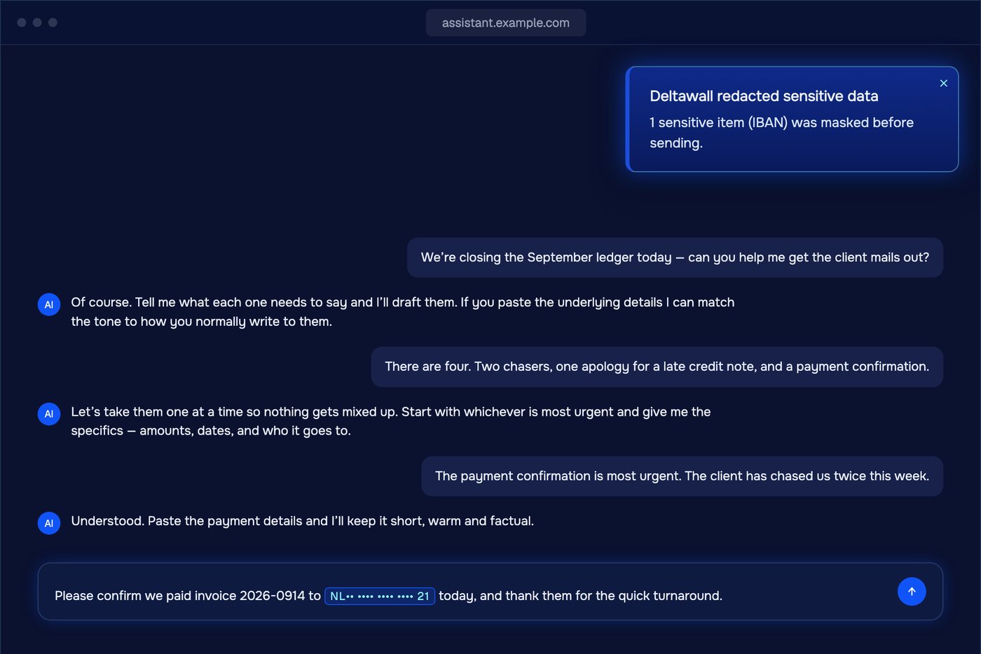 An AI chat in the browser. The message box holds a masked IBAN, and the Deltawall banner reads: Deltawall redacted sensitive data, 1 sensitive item (IBAN) was masked before sending.