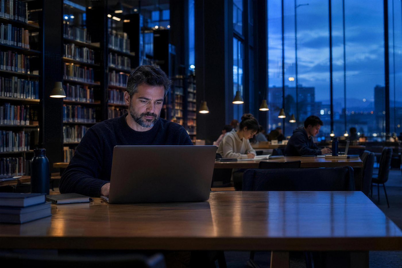 A lecturer at a laptop in a university study hall.