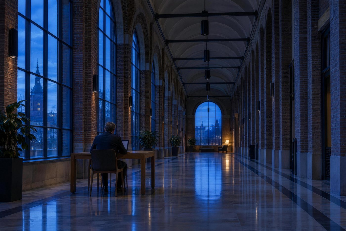 A civil servant at a laptop in a Dutch municipal building.