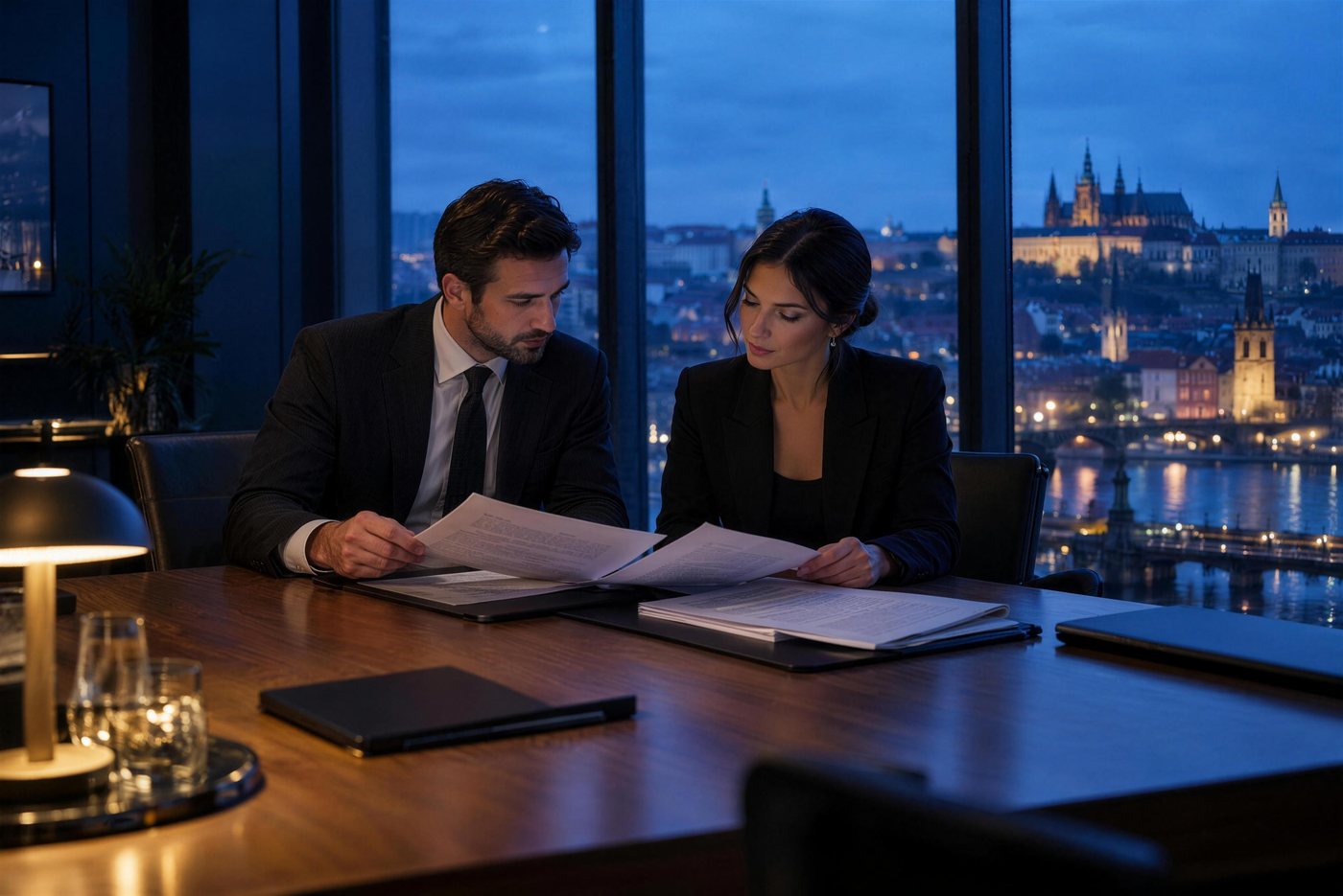 Two professionals reviewing client files in a meeting room.