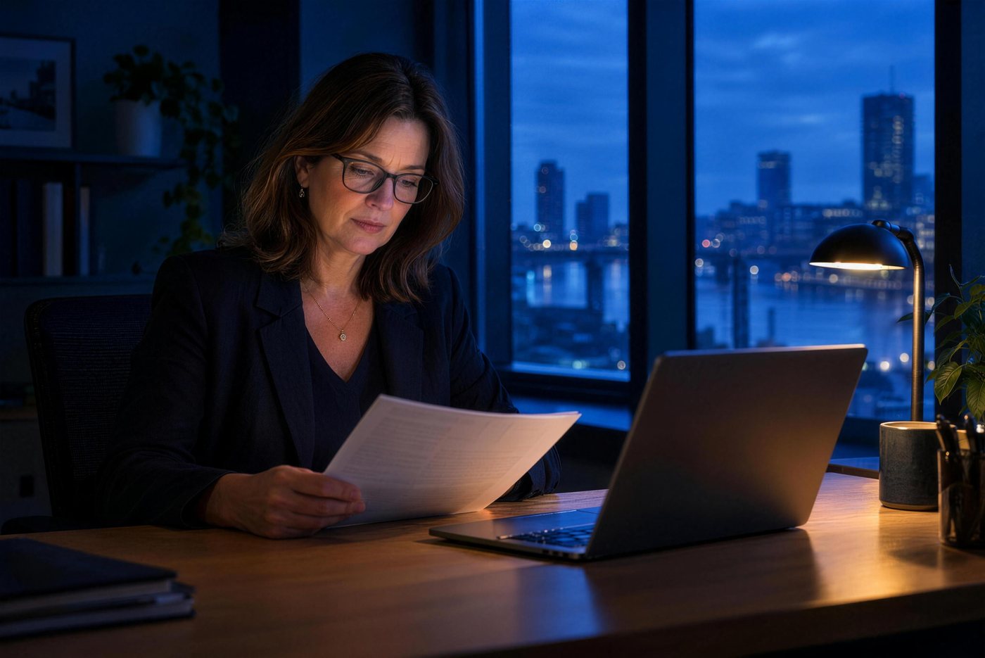 A data protection officer reading a printed document beside a laptop.