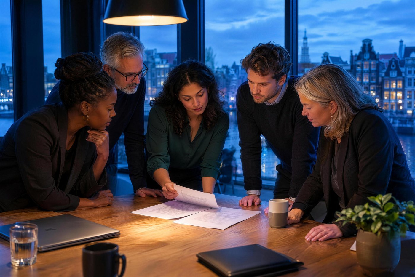 Colleagues around a meeting table reading a printed agreement.