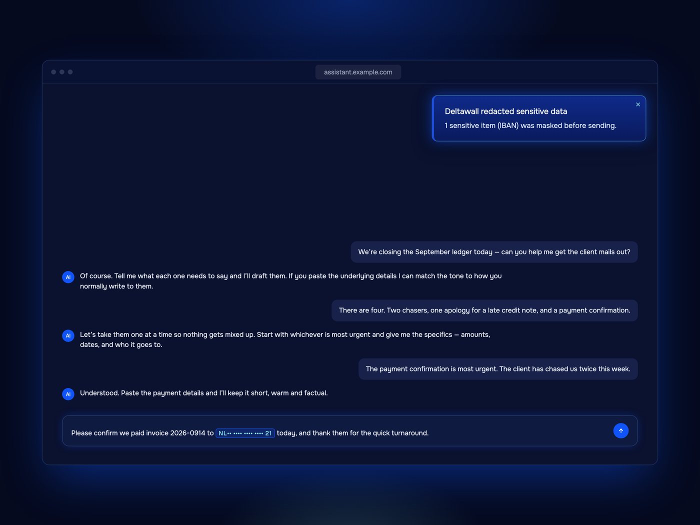 Deltawall redacted sensitive data: one IBAN masked in the message box before sending.