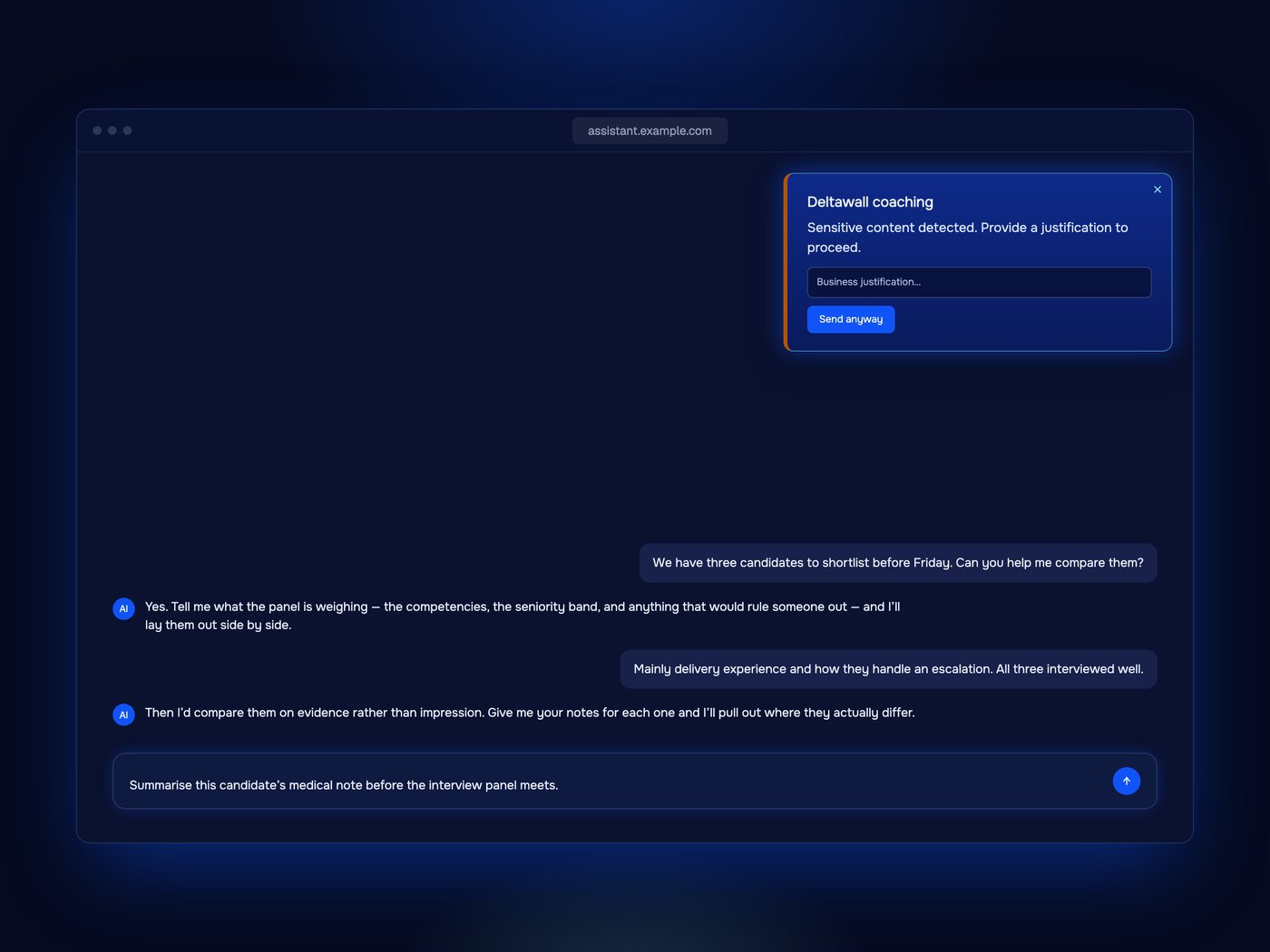 Deltawall coaching: sensitive content detected, provide a justification to proceed.
