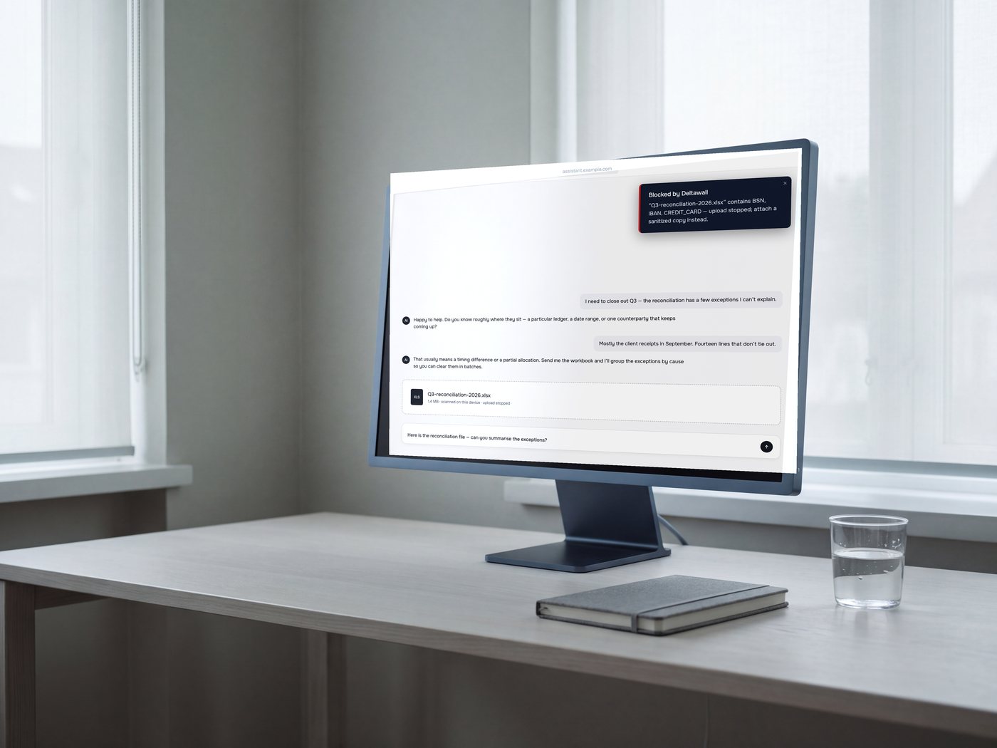 A monitor on a desk by a window. The Deltawall banner reports a spreadsheet stopped on upload because it contains BSN, IBAN and card numbers.